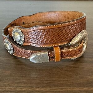 Tony Lama Brown Tooled Leather Western Belt with Silver Conchos Sz 34 BxA